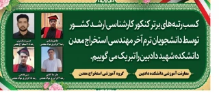 کسب رتبه های تک رقمی کنکور کارشناسی ارشد توسط دانشجویان رشته مهندسی حرفه ای استخراج معدن دانشکده شهید دادبین